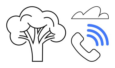 Siyah ağaç, küçük bulut ve mavi sinyal dalgalı telefon alıcısı. Teknoloji, çevre, sürdürülebilirlik, çevre dostu iletişim, bulut hizmetleri, doğa teknolojisi çözümleri için idealdir.