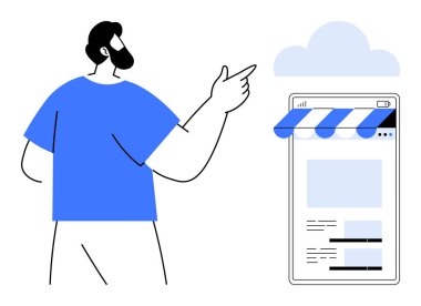 Bulutların altında çizgili tentelerle seyyar mağazaya doğru hareketler. E-ticaret, yenilik, çevrimiçi alışveriş, bulut hesaplama, dijital iş, girişimcilik, düz basit