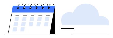 Masa takvimi, sarmal ciltli ve mavi röfleli, yumuşak mavi bulut şeklinin yanında. Zaman yönetimi, planlama, organizasyon, planlama, takım çalışması, teslim tarihleri, verimlilik için ideal. Asgari