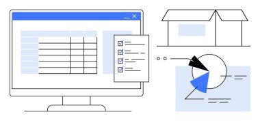 Kontrol listesi kaplamalı bilgisayar ekranı, envanter tablosu, pasta tablosu ve depo taslağı. Lojistik, e-ticaret, planlama, analiz, organizasyon işletme yönetimi dairesi için ideal basit bir metafor