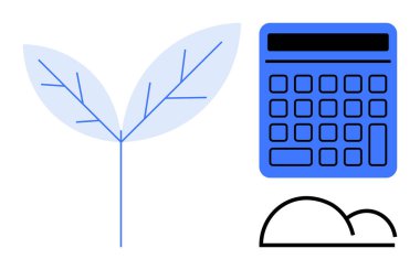 Yaprak çevreci dostluğu vurgular, hesap makinesi finansal planlamayı, büyüme eğrisi ise ilerlemeyi simgeler. Sürdürülebilirlik, finans, çevre, büyüme, planlama, eko-farkındalık için ideal