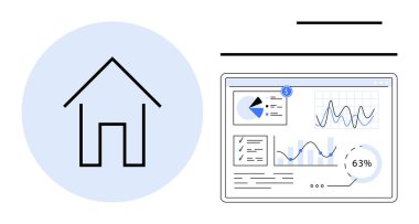 Etkileşimli analitik gösterge paneli çizelgeleri, grafikler ve ilerleme istatistikleri içeren ev taslağı. Akıllı ev, teknoloji, veri analizi, İOT, yenilik, üretkenlik düzlüğü için ideal basit metafor