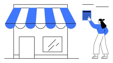 Çizgili tenteli bir dükkan, büyük bir hesap makinesinin mali durumunu hesaplayan bir kadın. İş, finans, bütçe, strateji, planlama, girişimcilik muhasebesi için idealdir. Düz basit metafor