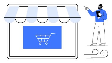Mağaza vitrininde bir alışveriş arabası ve elinde pano olan bir işadamı çizimi. E-ticaret, perakende, çevrimiçi alışveriş, iş stratejisi, dijital pazarlama, girişimcilik için ideal