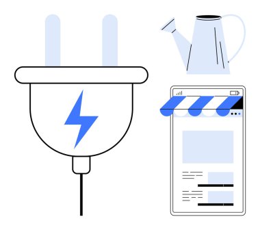 Büyük bir elektrik prizi, sulama kutusu ve web sayfası mağazası. E-ticaret, enerji, sürdürülebilirlik, girişimler, büyüme yeniliği teknolojisi için idealdir. Düz basit metafor