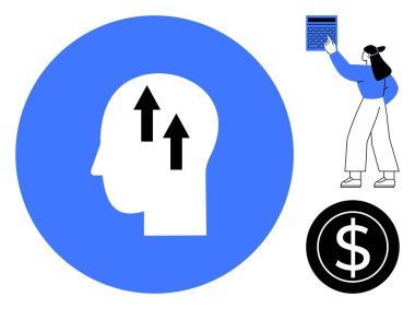 Okları olan kafa profili kişisel gelişimi simgeler, hesap makinesi olan kadın bütçeyi temsil eder, dolar işareti finansal planlamayı temsil eder. Finans, öz gelişim, eğitim ve kariyer için ideal
