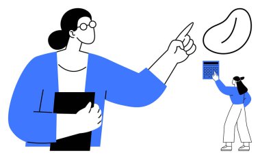 Hesap makinesiyle bir klasör öğrencisini tutarken soyut şekli gösteren bir kadın not alıyor. Eğitim, öğretim kavramları, sunumlar, liderlik, akıl hocalığı, öğrenme, görsel