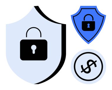 Kilitli kalkanlar ve güvenlik, mahremiyet ve koruma işaretleri. Siber güvenlik, finansal güvenlik, veri koruması, çevrimiçi güvenlik, şifreleme, güven ve dolandırıcılığı önleme için ideal