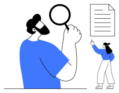 Elinde büyüteç tutan adam bir belgeyi inceler, kadın metne doğru hareket eder. Araştırma, analiz, takım çalışması, soruşturma, belgeler, denetim problem çözme için ideal. Düz basit metafor
