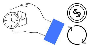 Zaman ve paranın değerini vurgulayan dolar işareti ve bisiklet okunun yanındaki el sıkıştırma kronometresi. Verimlilik, verimlilik, zaman yönetimi, finans, yatırım, ekonomi ve iş için ideal. Düz