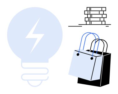 Fikirleri sembolize eden yıldırımlı ampul, eğitim için kitap yığını ve ticareti temsil eden alışveriş torbaları. Eğitim, perakende, yenilik, bilgi, öğrenme, e-ticaret için ideal