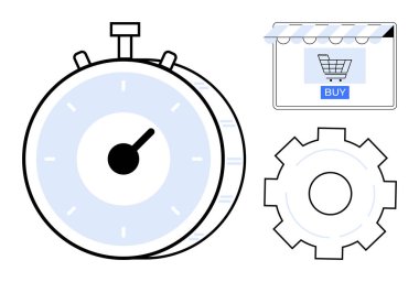 Stopwatch hızı temsil ediyor, alışveriş arabası simgesi e-ticaret için tente altında, ve ayarlar veya optimizasyon için vites simgesi. Zaman yönetimi, e-ticaret verimliliği, iş akışı otomasyonu için ideal