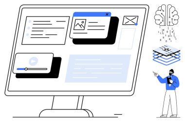 Verileri, e-postayı, video oynatıcıyı ve yapay zeka özelliklerini sunan bir adamı gösteren bilgisayar monitörü. Teknoloji, yapay zeka, veri görselleştirme, sunum planlaması, çevrimiçi eğitim yazılımı dijital için ideal
