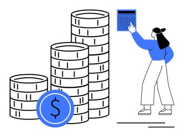 Kadın, madeni para yığını ve mali yönetimi, bütçeyi ve tasarrufu temsil eden el bilgisayarı. Bankacılık, yatırım, ekonomi, kar büyümesi ve planlama için ideal. Düz basit