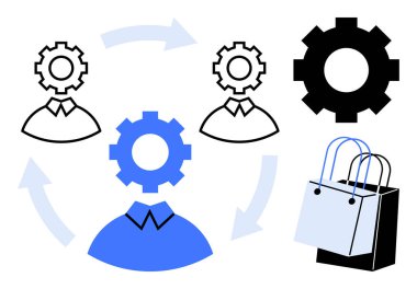 Oklarla, alışveriş torbalarıyla ve büyük teçhizatla birbirine bağlı dişli başları iş akışını, işlem otomasyonunu ve tüketici-iş etkileşimini vurguluyor. Üretkenlik, ticaret ve alışveriş için ideal