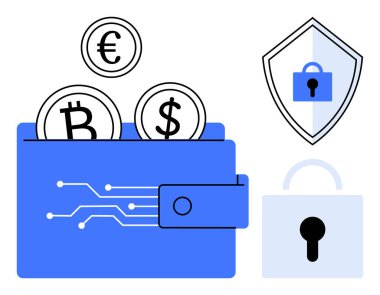 İçinde Bitcoin, Dollar ve Euro bozuklukları bulunan dijital cüzdan, yanında da güvenli bir kilit ve koruyucu kalkan. Finans, kripto para birimi, güvenlik, çevrimiçi işlemler ve fintech için ideal
