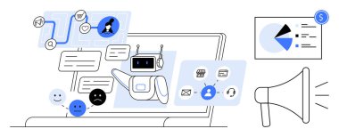 Dizüstü bilgisayar sohbet robotu, mesaj baloncukları, emoticonlar, görev adımları, iş simgeleri, çizelgeler ve megafon. Teknoloji için ideal, otomasyon yapay zeka dijital pazarlama veri analizi müşteri hizmetleri