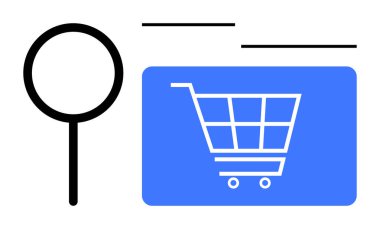 Büyüteç mavi dikdörtgen içindeki alışveriş arabasına odaklanarak çevrimiçi perakende eğilimlerini vurguluyor. E-ticaret, araştırma, analiz, alışveriş, teknoloji ve pazarlama için ideal. Düz basit