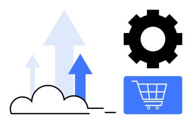 Buluttan yükselen oklar, işlem için vites ve e-ticaret büyümesi için alışveriş arabası. Teknoloji, satış, gelişme, strateji, veri yeniliği ve başarı için ideal. Düz basit metafor