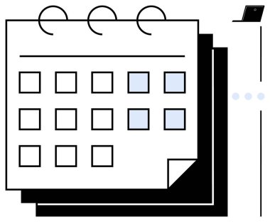 Spiral kaplı masa takvimi belirli günleri vurguluyor. Yakınlarda bir dizüstü bilgisayar iş planlama ya da görev yönetimi öneriyor. Zamanlama, zaman yönetimi, verimlilik, teslim tarihleri, organizasyon, etkinlik için ideal
