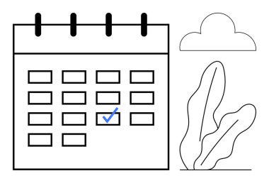 İşaretli tarihli büyük takvim, mavi işaretli sembol, bulut ve dekoratif bitki. Zamanlama, planlama, düzenleme, zaman yönetimi, son teslim tarihlerini hatırlatmak için idealdir.