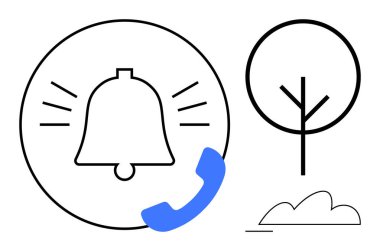 Mavi telefonlu, soyut ağaçlı ve bulutlu bir daire içinde çan çalıyor. İletişim, bilgilendirme, çevre, asgari estetik, bağlantı, alarm sistemleri sürdürülebilirliği için ideal. Düz