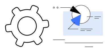 Modern veri görselleştirme elementlerinin yanında dişli simgesi, pasta grafiği dilimi, çizgiler ve şekiller. Takım çalışması, analiz, yenilik, süreç, teknoloji sektörü büyüme stratejisi için ideal basit bir metafor