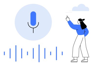 Ses dalgalı bir mikrofon ikonu ve gökyüzüne doğru hareket eden bir kadın. Yapay zeka için ideal, sesli komut, sanal asistan, ses kaydı, teknolojik yenilik, erişilebilirlik, podcast. Düz basit