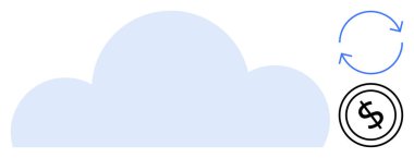 Bulut şekli, dolar işaretli bozuk para ve bulut tabanlı hizmetleri, finans, kaynak yönetimi ve işlemleri simgeleyen dairesel oklar. Finans, teknoloji, sürdürülebilirlik ve dijital ekonomi için ideal