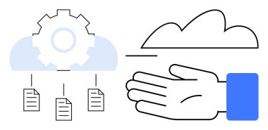 Bulut, otomasyonu sembolize eden vites ve bağlantılı belgeler veri yönetimi ve erişilebilirlik temalarını gösteriyor. El, destek ve kontrolün altını çizer. Teknoloji, bulut hesaplama ve veri için ideal