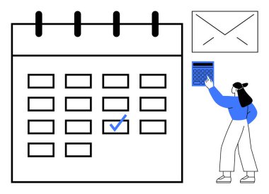 İşaretli tarih, zarf, hesap makinesi kullanan kişi takvimi. Program, organizasyon, verimlilik, planlama, görevleri ve iş akışını hatırlatmak için idealdir. Temiz düz basit metafor