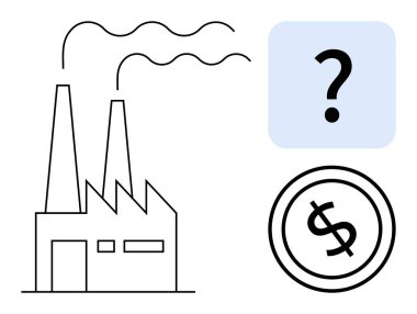 Baca yayan bir fabrika, bir kutunun içinde soru işareti ve üretim zorluklarını vurgulayan bir dolar. İş, maliyet, ekonomi, karar verme, sürdürülebilirlik ve finans planlaması için ideal