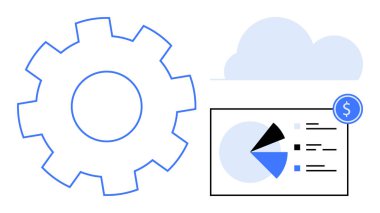 Bulut ve pasta grafiğinin yanında dolar işareti olan bir vites kutusu. Teknoloji, bulut depolama, veri analizi, finansal planlama, otomasyon, bilişim çözümleri ve yenilik için ideal. Düz basit metafor