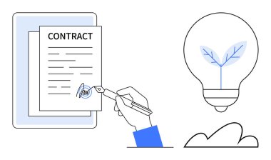 İçinde büyüyen bir bitki bulunan bir ampulün yanında bir kalemle bir panoda el imzası. İş için ideal, anlaşmalar, eko-yenilik, yaratıcılık, sürdürülebilirlik, büyüme fikirleri. Düz