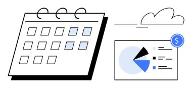 Veri tablosu, grafikler, dolar simgesi ve bulut elementi olan bir takvim. Finans, programlama, analitik, veri depolama, zaman yönetimi iş stratejisi bütçesi için idealdir. Düz basit