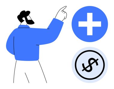 Mavi artı işaretine ve dolar işaretine doğru hareket eden bir adam. Finans, büyüme, yatırım, sağlık, yenilik, strateji ve motivasyon için ideal. Düz basit metafor