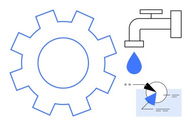 İşlem veya mekanizmayı temsil eden çarklar, su damlası içeren musluk, koruma veya kaynakları ifade eden ve veri veya analizi ima eden grafikler. İş akışı, sürdürülebilirlik, verimlilik ve strateji için ideal