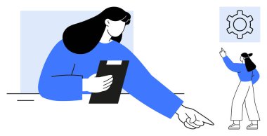 Çalışanlardan biri çark simgesine el kol hareketi yaparken, elinde not panosu olan bir yönetici öne bakıyor. Kavramların ideali liderlik, rehberlik, yenilik, yaratıcılık, takım çalışması, planlama, düz basit