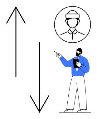 Mavi gömlekli adam tablet tutarken yukarı-aşağı kalın oklar ve profil dairesi simgesinin yanında. Liderlik, analiz, rehberlik, kullanıcı profili, karşılaştırma, eğitim ve eğitim için ideal