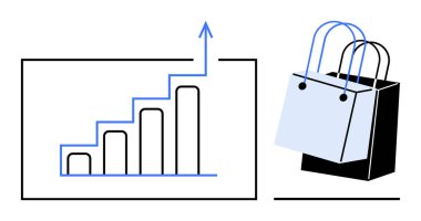 Yukarı doğru ok çizelgesi, iki alışveriş çantasının yanında büyüme olduğunu gösteriyor. E-ticaret, perakende eğilimleri, tüketici davranışı, iş büyümesi, ekonomik analiz, satış performansı, pazarlama için ideal