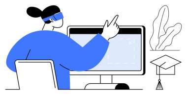 VR kulaklık takan bir kadın, bitki örtüsü ve mezuniyet şapkasıyla çevrili bir bilgisayar ekranı ile etkileşime giriyor. Eğitim, teknoloji, yenilik, e-öğrenme, eğitim, başarı geleceği için idealdir. Düz basit