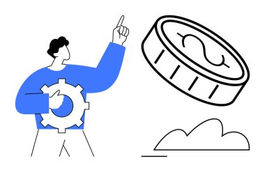 Bir madeni parayı işaret eden iş adamı, stratejiyi, verimliliği ve finansal büyümeyi sembolize ediyor. Ekonomi, zenginlik yönetimi, yenilik, planlama, hedefler için ideal düz karar mecazı