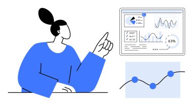 Kadın, analitik gösterge paneline grafikler, büyüme ölçümleri ve çizelgelerle bakıyor. Veri analizi, iş büyümesi, piyasa araştırması, teknoloji, başarı istatistik eğitimi için ideal. Düz basit