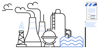 Bacalı elektrik santrali, emisyon üreten petrol kulesi, işleme tankları ve fatura formuna yakın akan su. Sanayi, enerji, petrol üretimi, kirlilik, ekonomi sürdürülebilirliği için ideal