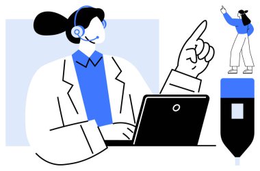 Müşteri desteği temsilcisi kulaklık takıyor, dizüstü bilgisayarda çalışıyor, yukarıya bakıyor. Müşteri hizmetleri, teknik destek, iletişim, çevrimiçi öğrenme, rehberlik, profesyonellik için ideal basit