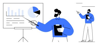 Grafiği ve grafiği gösteren adam veri içgörülerini açıklıyor. İş, analiz, sunum, planlama, takım çalışması, eğitim liderliği için ideal. Düz basit metafor