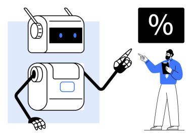 İş adamı notlarla gözlemlerken insansı robotlar yüzdeyi işaret ediyor. Yapay zeka, otomasyon, veri analizi, işbirliği, finans, fütüristik teknoloji ve yenilik için ideal. Düz basit metafor