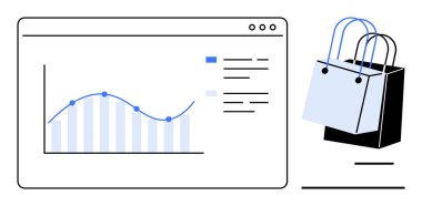 Satış grafiği ve veri analizini gösteren dizüstü bilgisayar. Alışveriş torbaları perakende ve e-ticareti sembolize ediyor. İş büyümesi, piyasa araştırması, çevrimiçi alışveriş, veriye dayalı kararlar, satışlar için ideal