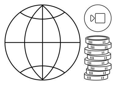 Küresel erişimi ön plana çıkaran dünya çizgisi, medyayı veya iletişimi sembolize eden video oynatma tuşu, finansal büyümeyi yansıtan madeni para yığını. Küresel iş, finans, iletişim ve medya için ideal