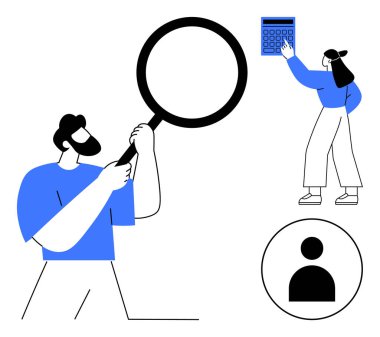 Büyüteç tutan adam, hesap makinesiyle etkileşime geçen kadın, kullanıcı profili simgesi. Veri analizi, araştırma, kişisel yönetim, hesaplama, kullanıcı profilleme, karar verme dairesi için ideal